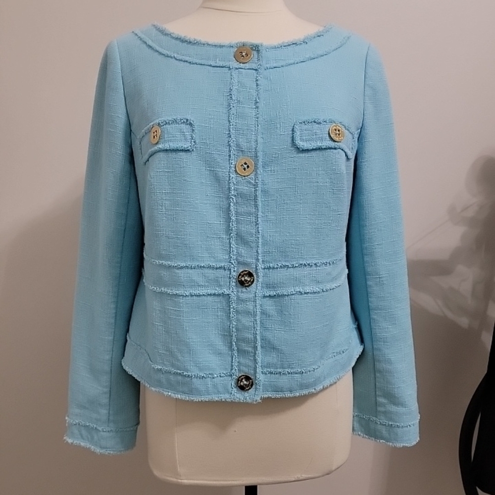 Lilly Pulitzer Jacket Aqua Blue Button Up Fringe Blazer Lined‎ Women's XL EUC